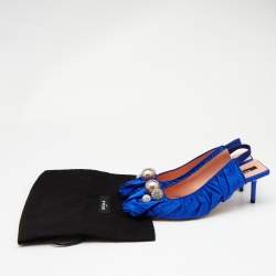 Rochas Blue Satin Crystal Embellished Slingback Pumps Size 40