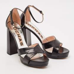 Rochas Black Leather and Lizard Embossed Leather Ankle Strap Sandals Size 40