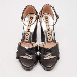 Rochas Black Leather and Lizard Embossed Leather Ankle Strap Sandals Size 40