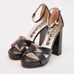 Rochas Black Leather and Lizard Embossed Leather Ankle Strap Sandals Size 40