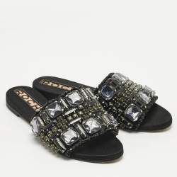 Pre Owned Rochas Black Suede and Velvet Crystal Embellished Flat Slides Size 40