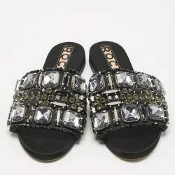 Pre Owned Rochas Black Suede and Velvet Crystal Embellished Flat Slides Size 40