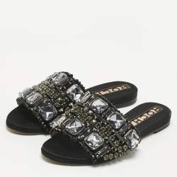 Pre Owned Rochas Black Suede and Velvet Crystal Embellished Flat Slides Size 40
