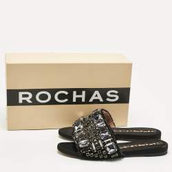 Pre Owned Rochas Black Suede and Velvet Crystal Embellished Flat Slides Size 40
