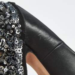 Pre Owned Rochas Black Leather Crystal Embellished Block Heel Pumps Size 39