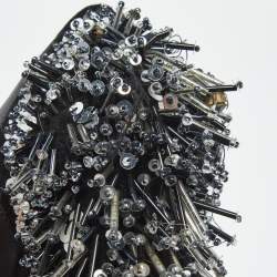 Pre Owned Rochas Black Leather Crystal Embellished Block Heel Pumps Size 39