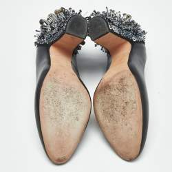Pre Owned Rochas Black Leather Crystal Embellished Block Heel Pumps Size 39