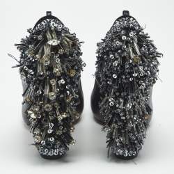 Pre Owned Rochas Black Leather Crystal Embellished Block Heel Pumps Size 39