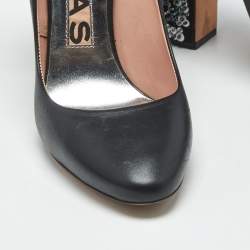 Pre Owned Rochas Black Leather Crystal Embellished Block Heel Pumps Size 39