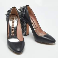 Pre Owned Rochas Black Leather Crystal Embellished Block Heel Pumps Size 39