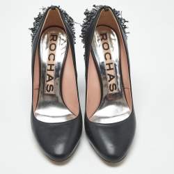Pre Owned Rochas Black Leather Crystal Embellished Block Heel Pumps Size 39