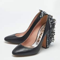Pre Owned Rochas Black Leather Crystal Embellished Block Heel Pumps Size 39