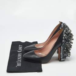 Pre Owned Rochas Black Leather Crystal Embellished Block Heel Pumps Size 39