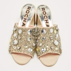 Pre Owned Rochas Beige Suede Crystal Embellished Slide Sandals Size 40