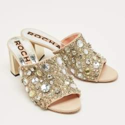 Pre Owned Rochas Beige Suede Crystal Embellished Slide Sandals Size 40