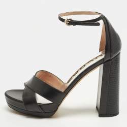 Pre Owned Rochas Size 39 Black Leather and Lizard Embossed Leather Ankle Strap Sandals