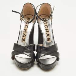 Pre Owned Rochas Size 39 Black Leather and Lizard Embossed Leather Ankle Strap Sandals