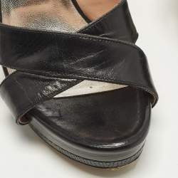 Pre Owned Rochas Size 39 Black Leather and Lizard Embossed Leather Ankle Strap Sandals