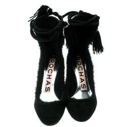 Rochas Black Suede/Fur Tassel Tie Up Pumps Size 36