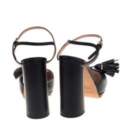 Rochas Black Leather Tassel Detail Block Heel Ankle Strap Platform Sandals Size 38.5
