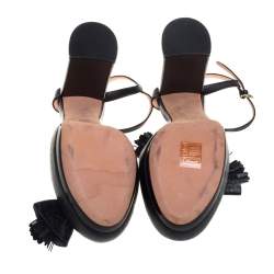 Rochas Black Leather Tassel Detail Block Heel Ankle Strap Platform Sandals Size 38.5
