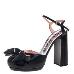 Rochas Black Leather Tassel Detail Block Heel Ankle Strap Platform Sandals Size 38.5