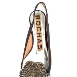 Pre Owned Rochas Black Satin Embellished Flat Slingback Sandals Size 36