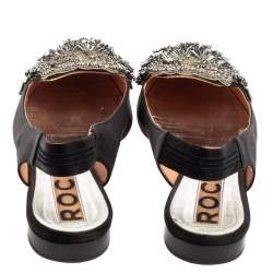 Pre Owned Rochas Black Satin Embellished Flat Slingback Sandals Size 36