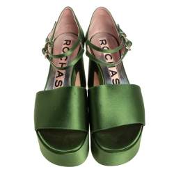 Rochas Green Satin Platform Ankle Strap Sandals Size 39