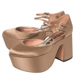 Rochas Beige Satin Platform Ankle Strap Pumps Size 39