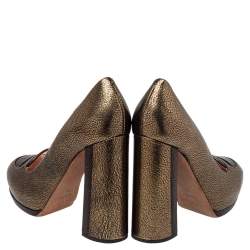 Rochas Metallic Bronze/Brown Leather Block Heel Loafer Pumps Size 39