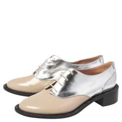 Pre Owned Rochas Metallic Silver/Beige Leather Lace Up Derby Size 39