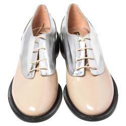 Pre Owned Rochas Metallic Silver/Beige Leather Lace Up Derby Size 39