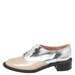 Pre Owned Rochas Metallic Silver/Beige Leather Lace Up Derby Size 39