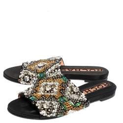 Rochas Black Satin Crystal Embellished Slide Flats Size 39