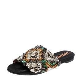 Rochas Black Satin Crystal Embellished Slide Flats Size 39