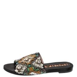 Rochas Black Satin Crystal Embellished Slide Flats Size 39