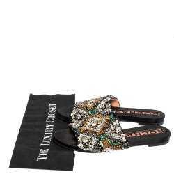 Rochas Black Satin Crystal Embellished Slide Flats Size 39