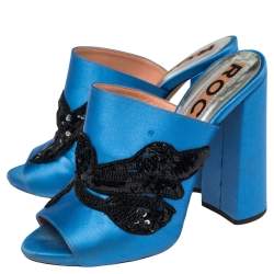 Rochas Blue Satin Embellishment  Mule Sandals Size 36