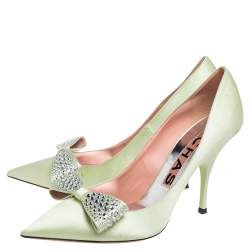 Rochas Mint Green Satin Bow Crystals Embellished Pumps Size 41