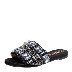 Rochas Black Crystals Embellished Suede Flat Slides Size 38