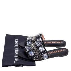 Rochas Black Crystals Embellished Suede Flat Slides Size 38