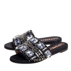 Rochas Black Crystals Embellished Suede Flat Slides Size 38