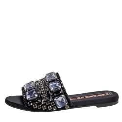 Rochas Black Crystals Embellished Suede Flat Slides Size 38