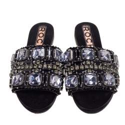 Rochas Black Crystals Embellished Suede Flat Slides Size 38