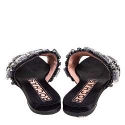 Rochas Black Crystals Embellished Suede Flat Slides Size 38