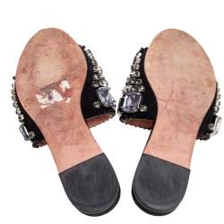 Rochas Black Crystals Embellished Suede Flat Slides Size 38