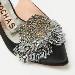 Pre Owned Rochas Black Satin Embellished Flat Slingback Sandals Size 37.5