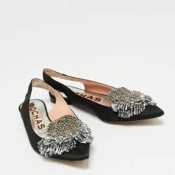 Pre Owned Rochas Black Satin Embellished Flat Slingback Sandals Size 37.5