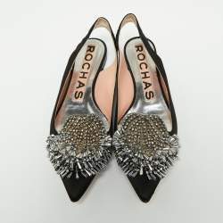 Pre Owned Rochas Black Satin Embellished Flat Slingback Sandals Size 37.5